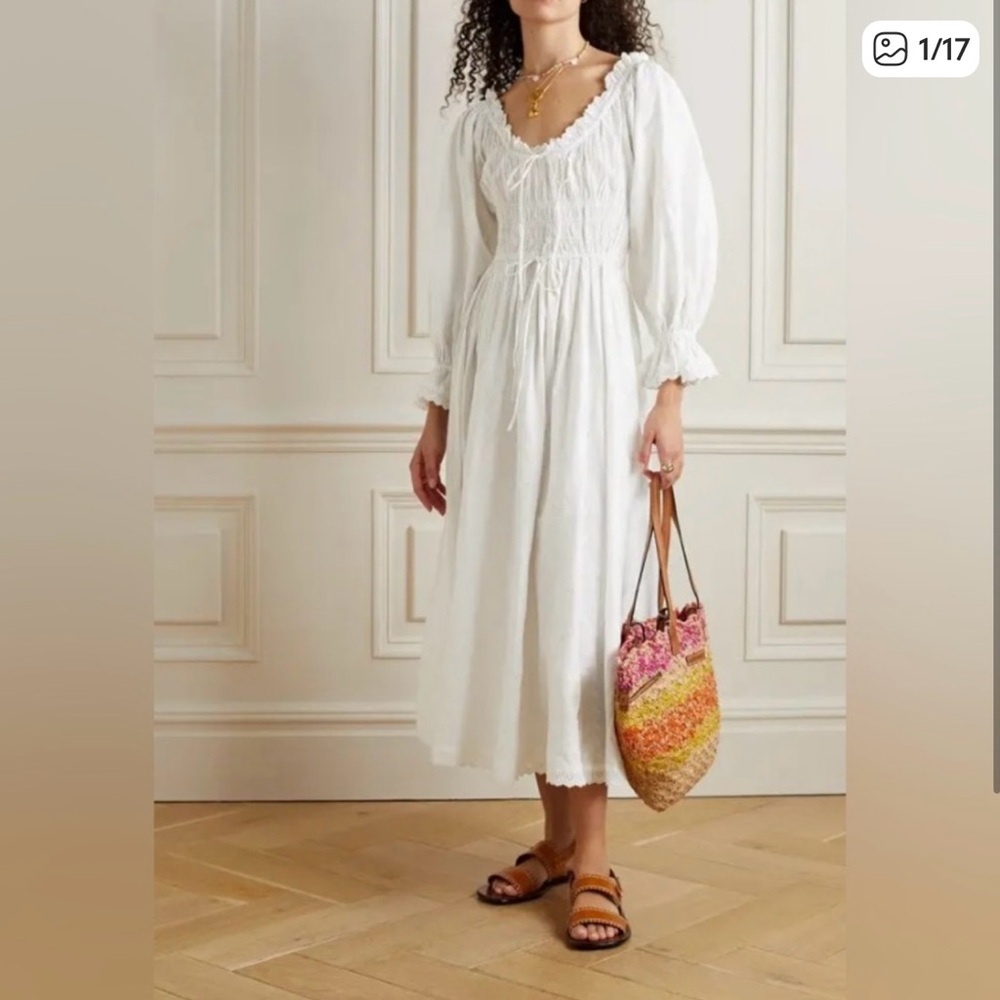 Doen White Smocked Midi Dress with Puff Sleeves